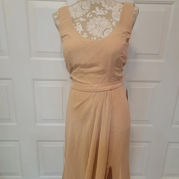 NWT neutral female dress with chiffon cowl back, cups and slit floor length - Picture 3 of 6